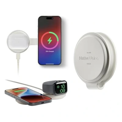 Image de 1. Native Union Voyage 2 en 1 Chargeur sans Fil magnétique Station de Charge Pliable iPhone 16, AirPod, Apple Watch Certifié Qi2 &amp; MagSafe 15W (Grès)