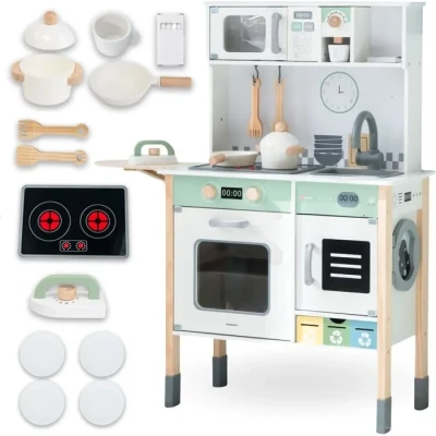 Image de Mamabrum Cuisine Interactive en Bois avec Lave Linge, Vaisselle, Tableau Noir, Accessoires Sons &amp; lumières Jouet Montessori évolutif dès 3 Ans