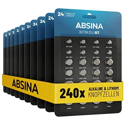 Image de ABSINA Pack de 240 Assortiment Pile Bouton Alcalines &amp; Lithium 20x AG1 LR621, AG3 LR41, 40x AG4 LR66, AG10 LR1130, AG13 LR44, CR2016, CR2025, CR2032 étanches