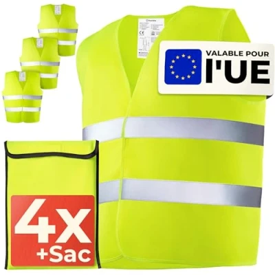 Image de Prowiste 4 Gilet Jaune De Securite Ensemble Auto avec Sac Certifié en ISO 20471, Valide à Travers l’Europe Idéal pour Voiture, Construction Taille Unique