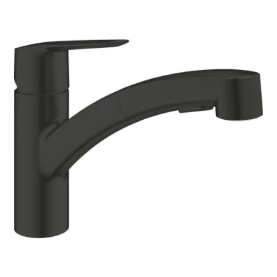 Image de GROHE Start Mitigeur Monocommande Evier, Robinet de Cuisine (Douchette Extractible, Bec Bas, Rotation 90, Installation Facile avec QuickMount), Taille 185 mm, Noir Mat, 305312431