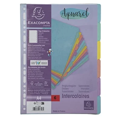 Image de Exacompta Réf. 7706E Intercalaires Aquarel en carte lustrée 400g/m2 6 onglets neutres format à classer A4 page d&#039;indexation fournie certifié FSC couleurs assorties