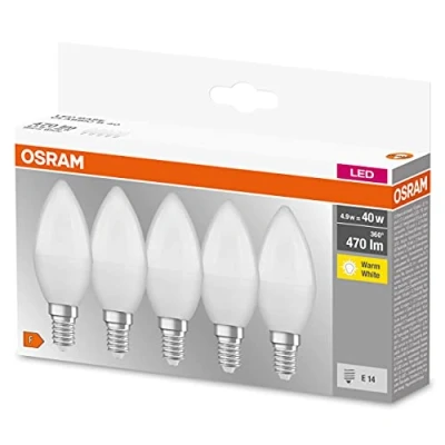 Image de OSRAM LED BASE Classic B40, ampoules à filament dépoli en verre pour culot E14, forme bougie, blanc chaud (2700K), 806 lumens, remplace les classiques 40W, boîte de 5