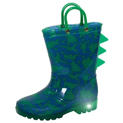 Image de ScruffyTed Bottes en caoutchouc lumineuses forme de dinosaure pour garçons avec poignées et lumières clignotantes, Vert/bleu, 30 EU, 29 EU