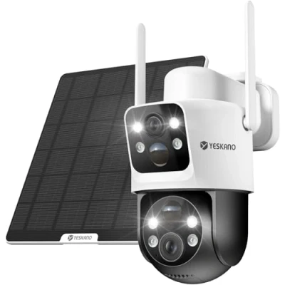 Image de YESKANO 6MP Camera Surveillance WiFi Exterieure sans Fil Batterie Panneau Solaire, 360 PTZ Solaire Exterieur, 2.4GHz Double Objectif, Vision Nocturne Couleur, Audio Bidirectionnel (Blanc)