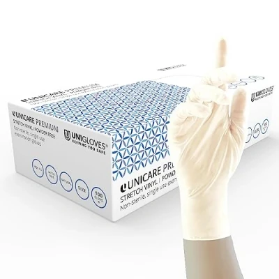 Image de UNIGLOVES Unicare GU0073 A Lot de 100 gants jetables en vinyle extensible, sans poudre, latex, poids lourd, naturel, taille M
