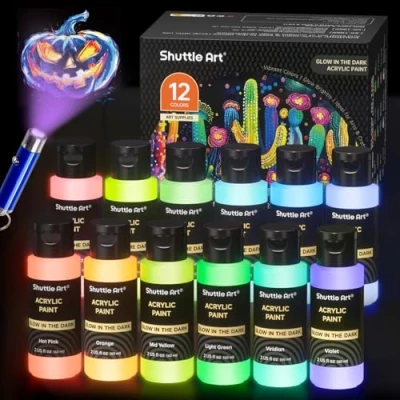 Image de Shuttle Art Peinture Fluorescente, 12 Couleurs Kit Acrylique Luisant Dans Le Noir (2oz/60ml) avec Lampe UV, Glow in the Dark pour Artisanat Tissu, Phosphorescente Nuit Décorations d&#039;Halloween