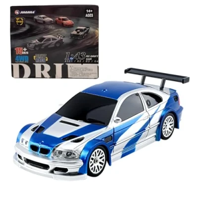 Image de SHOYDID Mini voiture de course électrique télécommandée avec kit d&#039;éclairage, échelle 1/43, 2,4 G pleine proportionnelle (version RTR/noir et blanc) (bleu blanc gyroscope))