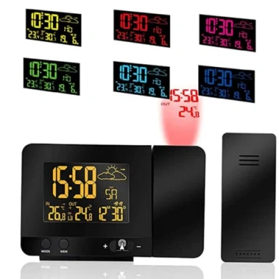 Image de ALLOMN Réveil à Projection Numérique, Température Intérieure et Extérieure, Prévisions Météo, Affichage de la Date Jour 12/24H, Fonction Snooze, Port Charge USB, 8 Ccouleurs Rétroéclairage