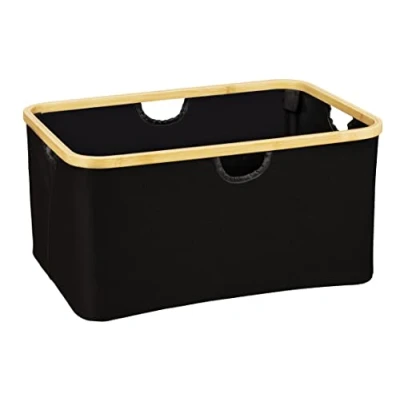 Image de WENKO Panier à linge Ecori, bac repliable 32 litres, cadre en bambou certifié FSC®, textile polyester recyclé, 54 x 26 36, naturel/noir