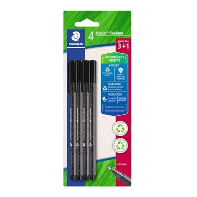 Image de Staedtler Triplus fineliner 334 Blister 4 feutres triangulaires Pointe superfine 0,3 mm noirs En plastique 97% recyclé R 9BK4