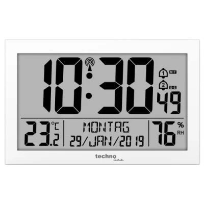 Image de Technoline WS 8016 WS8016WEISS Horloge Murale numérique Moderne Radio pilotée en Plastique avec Affichage de la température Blanc 225 x 143 24 mm