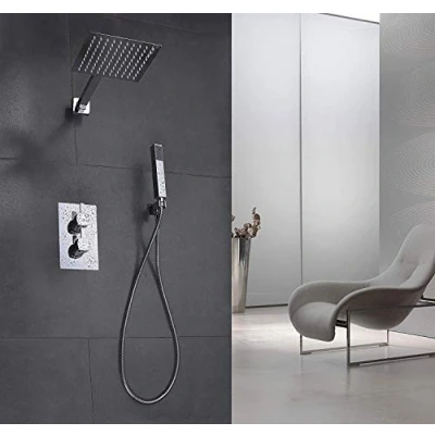 Image de Colonne de douche encastrée ELBE en acier inoxydable et laiton, avec thermostat, douchette à main, pommeau pluie 20 x cm
