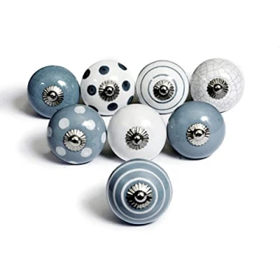 Image de Jeu de 8 poignées céramique noir et gris, peint à la main avec des motifs différents. Tireurs pour armoires, tiroirs confortables. classiques 40 mm diamètre.