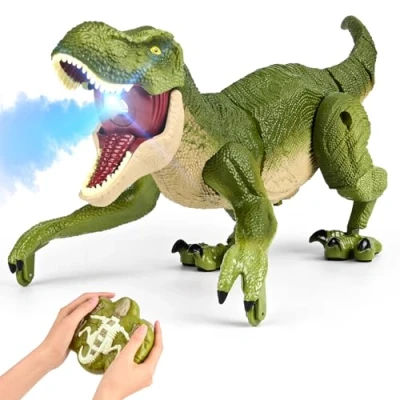 Image de Jouet Dinosaure télécommandé pour Enfants, 2.4GHz Dinosaures Telecommandé avec Pulvérisation, LED Lumineux,Marchent et Rugissent,Cadeau de RC Garçons Filles 4 13 Ans (Vert)