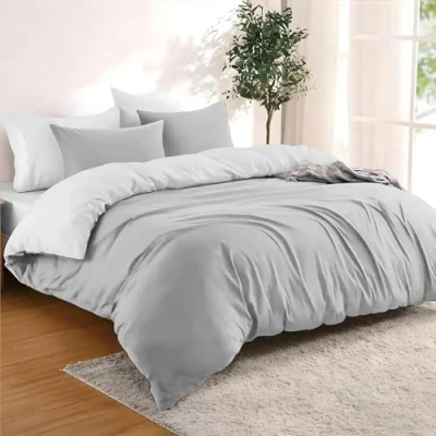 Image de Dreamzie Housse de Couette 155x220 cm avec 2 Taie Oreillers 80x80 Gris Clair/Blanc Parure Lit en 100% Microfibre 3 Pièces Certifié sans Produits Chimiques (Oeko TEX)