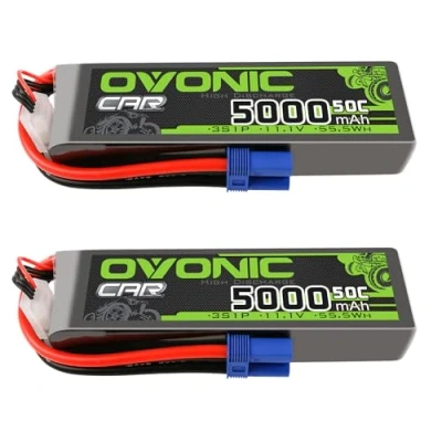 Image de OVONIC Lot de 2 batteries Lipo 3S 11,1 V 5000 mAh 50 C avec cellules prise EC5 pour voiture 1/8 et 1/10 RC FPV UAV bateau, avion, hélicoptère, multirotor