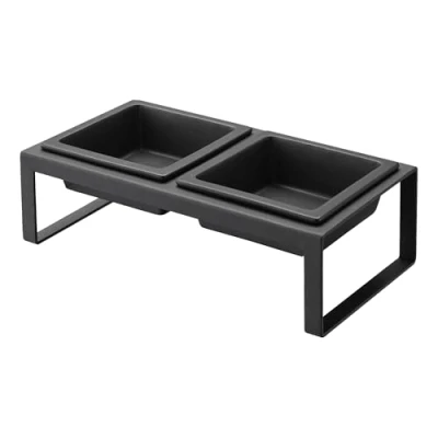 Image de Yamazaki 4745 Tower Gamelles avec Support pour Animaux de Compagnie, 2x300ml, Noir, Acier/céramique, Design Minimaliste, 29 x 15,5 10 cm (LxPxH)