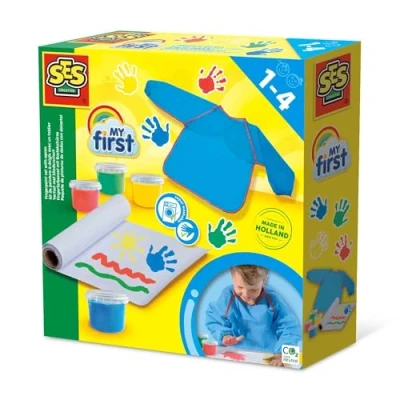 Image de SES Creative 14449 My first Mon premier kit de peinture au doigt avec un tablier, 4 couleurs vives, facilement lavables, pour les enfants à partir 1 an