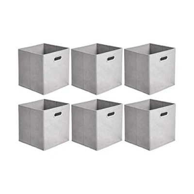 Image de Amazon Basics Lot de 6 cubes rangement pliables en tissu avec œillets ovales Gris clair
