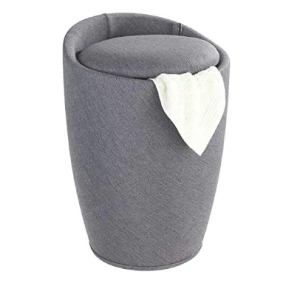 Image de WENKO Tabouret Panier à Linge Coffre et Salle de Bain Candy Coussin Amovible Aspect Lin Filet 20 litres Plastique ABS résistant 120kg 36x50,5 cm Gris