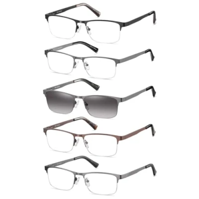 Image de Amcedar 5 Paires Lunettes de Vue Lecture Hommes Style demi trame Acier Inoxydable Materiaux Charniere a ressort Compris Les Soleil +1.50