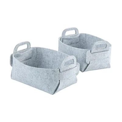 Image de WENKO Corbeille en feutre Nina S, kit de 2 paniers rangement à base polyester recyclé, corbeilles pliables compactes avec poignées, contenance 2,4 l chacune, 19 x 14 9 cm, gris clair