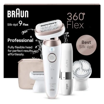 Image de Braun Silk épil 9 Flex, Épilateur Avec Tête Flexible À 360, Épilation Facile, Étanche, De Rasoir Pour Femmes, Sabot Tondeuse Et Brosse Exfoliante, Mini Visage, 360 3D, Blanc/Rose