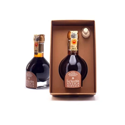 Image de La Secchia &quot;Extra Vecchio&quot;, Vinaigre Balsamique Traditionnel de Modène DOP avec Vieillissement minimum 25 ans, Flacon 100 ml Bouchon Doseur en Verre Soufflé, Coffret Cadeau