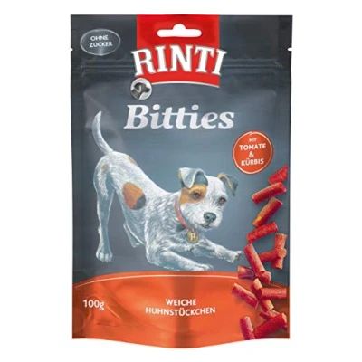 Image de Rinti Bitties Poulet avec Tomate &amp; Courge Pack de 4 x 100 g Friandises à la Viande Tendre pour Chiens Adultes Séchées l&#039;air doucement et sans farines ni soja