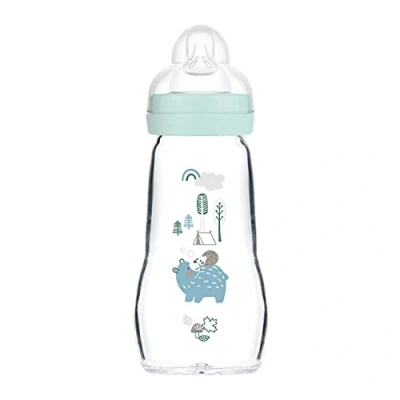 Image de MAM Feel Good Gourde en Verre pour bébé avec tétine Taille 1 à partir de la Naissance Motif Ours/hérisson 260 ML
