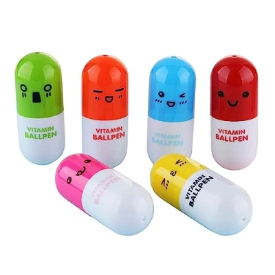 Image de Puco Lot de 6 stylos à bille rétractables en forme pilule, capsule vitaminée, fournitures bureau (6 souriants Sha pilule
