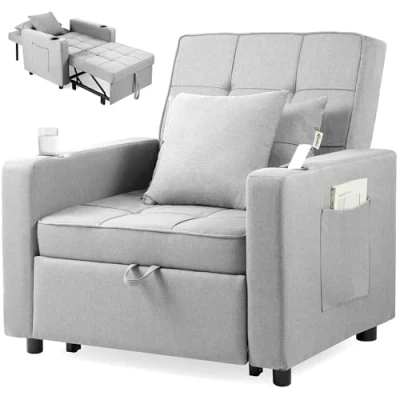 Image de Makika Fauteuil Convertible Lit Tommy Pliable 3en1 avec Accoudoirs Dossier réglable 6 Positions 2 Coussins Porte Boisson Jusqu&#039;à 150 kg Chauffeuse Rembourrée Canapé Salon Chambre Gris Clair