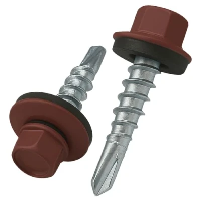 Image de 4.8 mm x 35 vis de toiture, tête hexagonale autoperceuse colorée (RAL 3009 Rouge oxyde) toit avec rondelle scellée en EPDM, à gros filets trempés zingués antirouille (50 pièces)