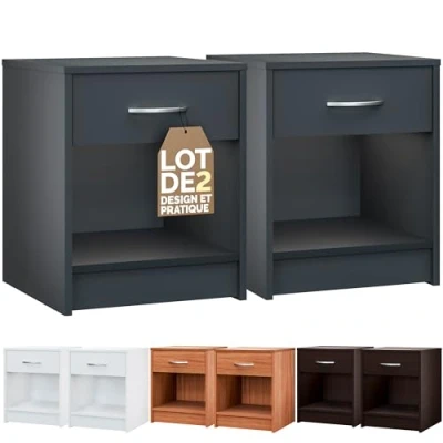 Image de Casaria® 2X Table de Chevet Anthracite 35x40x50cm Nuit avec Un tiroir Niche Meuble Rangement Chambre Salon