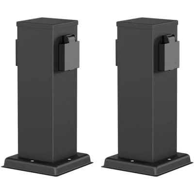 Image de ledscom.de 2 pièces Colonne de Prises Courant Jardin Polly pour l&#039;extérieur, IP44, 2X, Acier Inoxydable, Noir, carré, 27 cm
