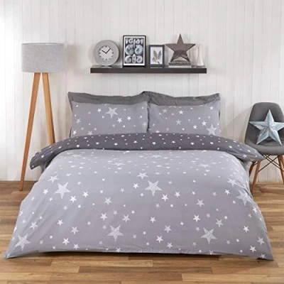 Image de Dreamscene Parure de lit réversible avec Housse Couette et taie d&#039;oreiller, Gris argenté Anthracite Motif étoiles, Double