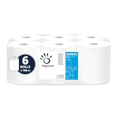 Image de Paquet de 6 Bobines d&#039;essuyage à dévidage central 2 plis pure cellulose, 450 formats L108m blanc