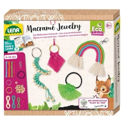 Image de Lena 42839 Eco Macramé Jewelry Kit de création bijoux pour enfants à partir 8 ans nouer un porte clés, collier, élastique cheveux et pendentif arc en ciel