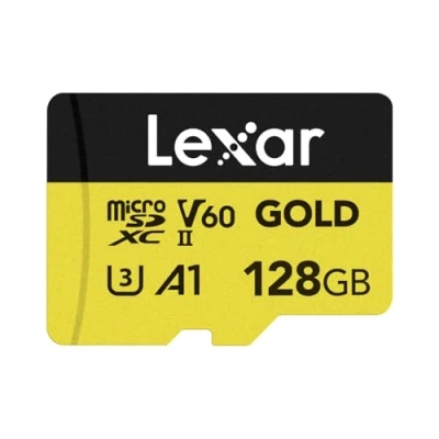 Image de Lexar GOLD carte Micro SD 128Go, mémoire flash microSDXC UHS II, microSD V60, U3, A1, C10, lecture jusqu&#039;à 280Mo/s, pour drone/caméra d&#039;action/appareil de jeu II (LMSGOLD128G BNNNG)