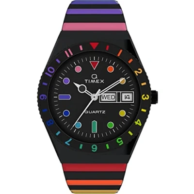 Image de Timex Q Montre pour femmes, 36 mm, bracelet d’extension noir en acier inoxydable, cadran noir, boîtier TW2V65900
