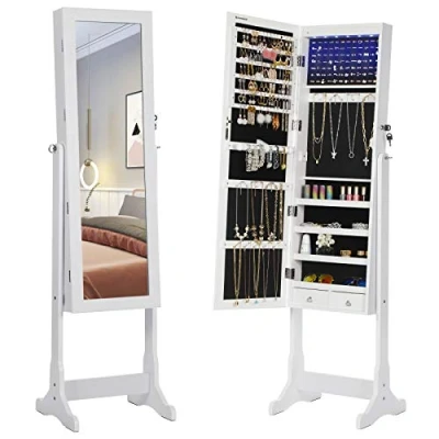 Image de SONGMICS LED Armoire à Bijoux de Rangement sur Pieds avec Serrure Miroir Toute Longueur 4 Étagères 2 Tiroirs Blanc JBC94W