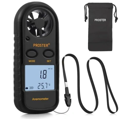 Image de Proster Anémomètre Portable Digital LCD avec Max/Min/AVG Numérique Mesure Vitesse du Vent Flux d’Air Thermomètre Rétro éclairage Noir
