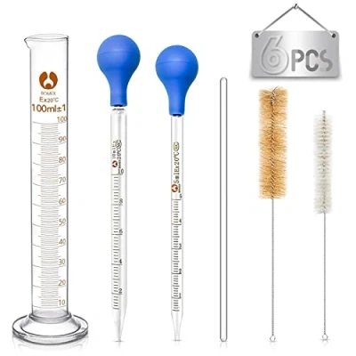 Image de Pipettes en Verre, 2 Pièces Pipette Graduée 5ml et 10ml, Éprouvette 100ml, Dropper Compte Gouttes avec Brosse Nettoyage Agitateurs pour Laboratoire Expérience