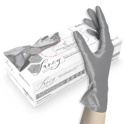 Image de Unigloves FANCY Silver Gants jetables, en nitrile, non stériles, sans poudre, adaptés à un usage alimentaire, protection contre les virus, champignons et bactéries (L (8 9))