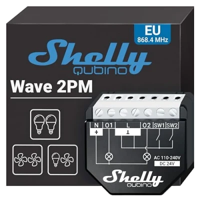 Image de Shelly Wave 2PM Relais interrupteur Z avec compteur de consommation 2 canaux 16A Éclairage sans fil Longue portée Hub requis