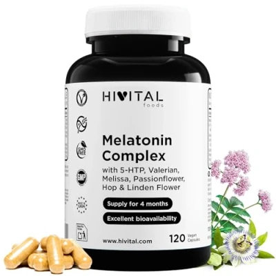 Image de Melatonine Complexe 120 gélules vegan pour 4 mois Avec 5 HTP, Valériane, Mélisse, Passiflore, Pavot de Californie, Houblon et Tilleul Améliore le sommeil, repos, réduit l&#039;anxiété stress