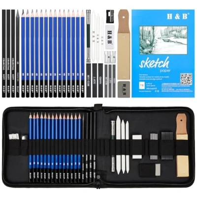 Image de Coolzon Crayons de Dessin, 35 pcs Artiste Set Malette Dessin avec à Croquis, au Fusain, Crayon Graphite, Gomme Couteau Extenseur dans un étui