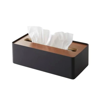 Image de Yamazaki 7729 RIN Boîte à mouchoirs avec Couvercle, Noir, Bois/Acier, Minimaliste, 26 x 13 8.2 c m