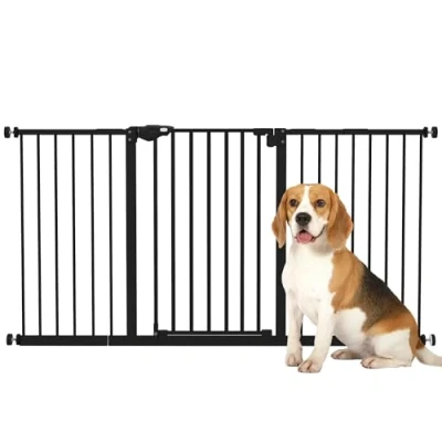 Image de PawHut Barrière de sécurité Animaux avec Porte Fermeture Automatique système Double Verrouillage sans perçage 3 Extensions Noir